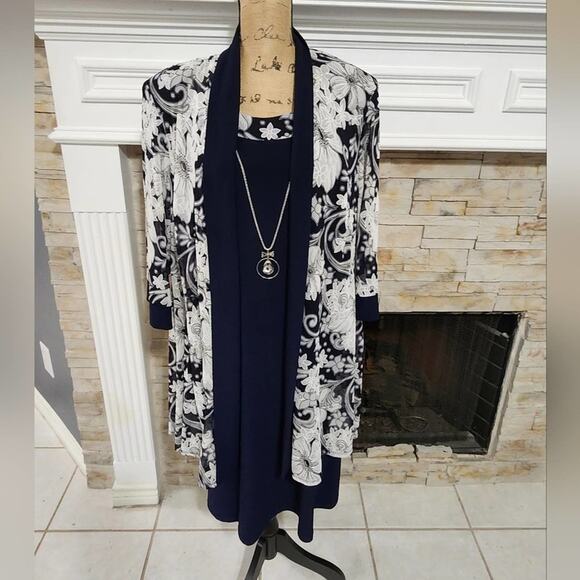 R M Richards navy and white 2 piece dress and duster length jacket plus size 20W - Picture 1 of 10